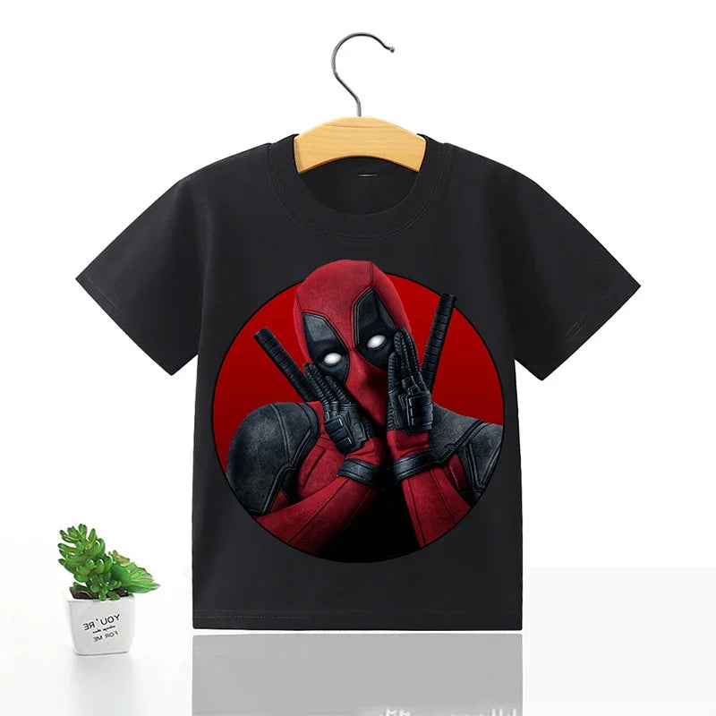 Deadpool & Wolverine Black T-shirt  Summer Pop Clothing Cartoon Round Neck Loose Marvels Movie Character Children Birthday Gift