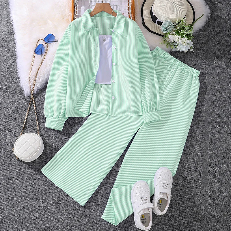 Spring Hot Sale Kids Outfit 4-12 Years Girls Striped Long Sleeve Chemise + Casual Loose Straight Leg Pants Shirt Suit 2Pcs Set