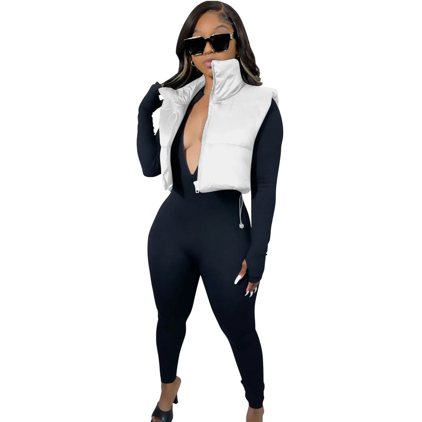 Women's Winter Vest Fashion Faux Leather Padded Jacket Coat Vintage PU Black And White Female Short Waistcoat Chic Clothes Tops