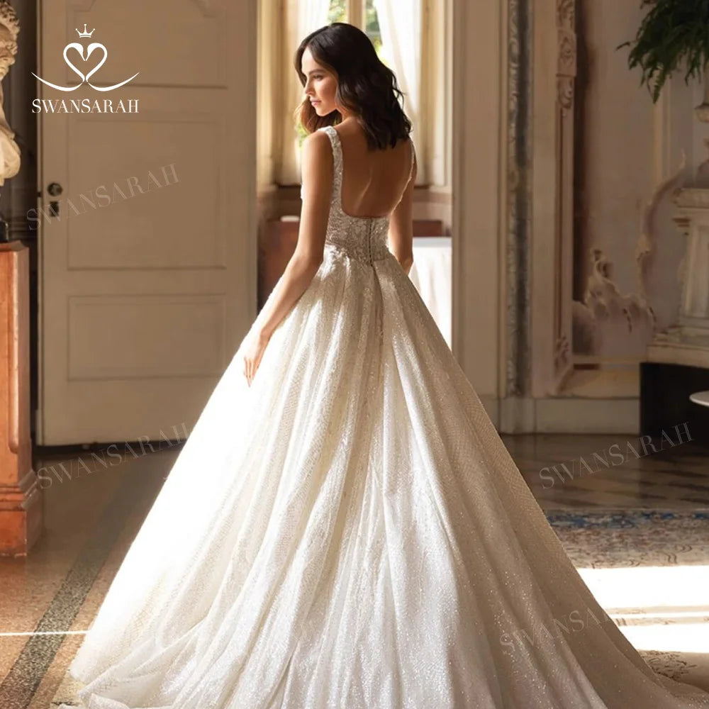 Shiny Sleeveless Wedding Dress 2025 Appliques Backless A-Line Princess Bride Gown SwanSarah P272 customized Vestido De Novia