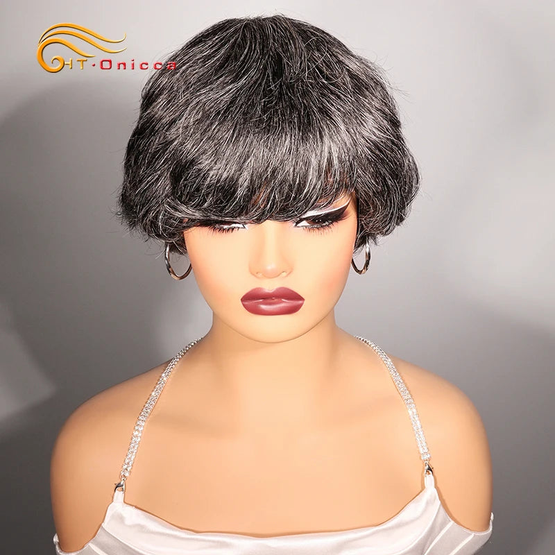 Grey Human Hair Wigs Short Pixie Cut Wig Human Hair For Black Women Machine Made Wigs With Bangs Colored Short Bob Wigs