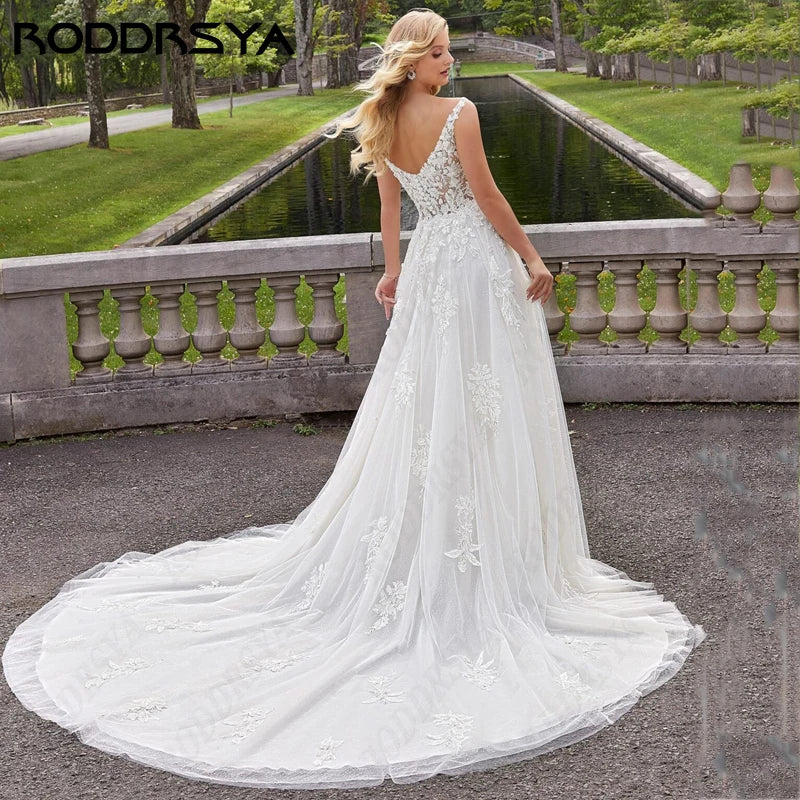 RODDRSYA Vintage Tulle V-Neck Wedding Dresses For Women Luxury Lace A-line Backless Bridal Party Appliques Robe De Soirée 2024