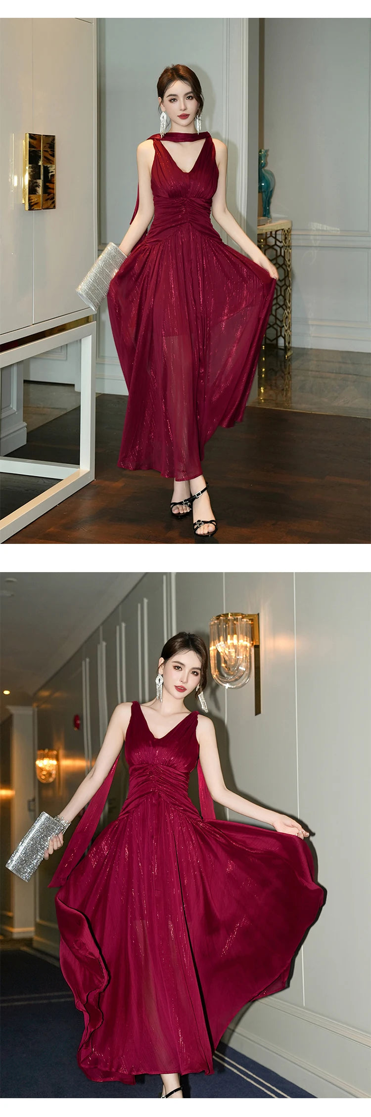New Summer Chiffon Bright Silk Red Gown Evening Dress Women Clothes Elegant Sexy Tank V-Neck A-Line Maxi Robe Party Prom Vestido