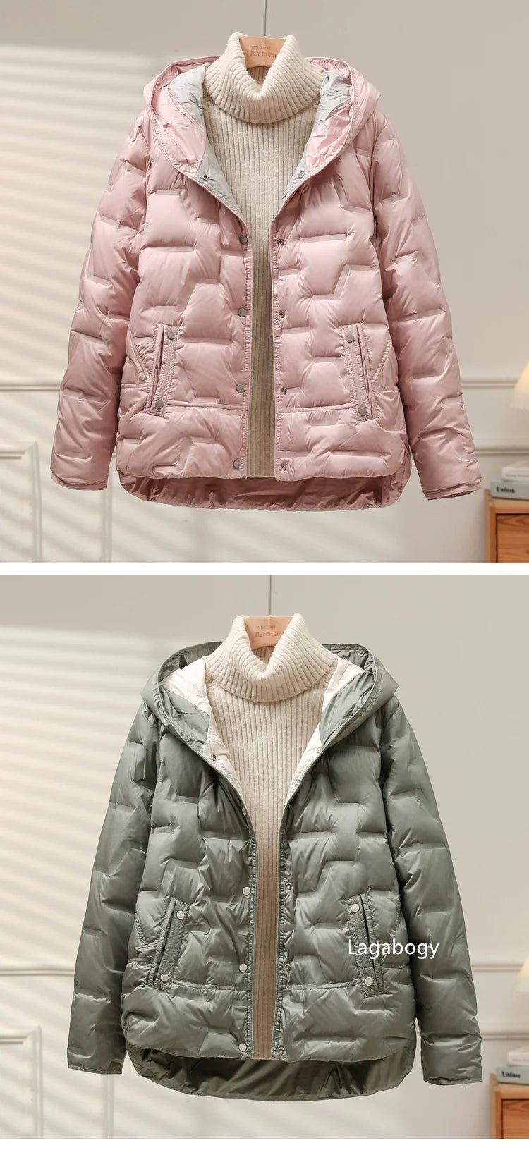 Lagabogy 2025 Autumn Winter Women White Duck Down Coat Casual Single Breasted Hooded Jacket Female Light Puffer Parka Outwear