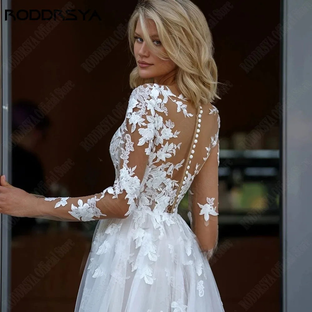 RODDRSYA Elegant A-Line Lace Wedding Dress Long Sleeves Scoop Neck Applique Bridal Gowns Plus Size robes de mariée Customized