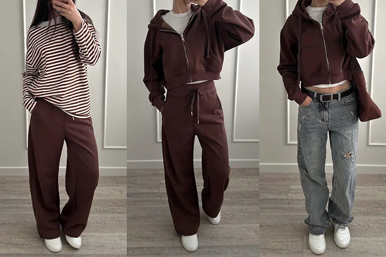 Women Tracksuits Winter Fleece Sweatsuit Brown Warm Crop Zipper Hoodies And Sweatpants Set For Women 2 Piece Velvet Pants Sets