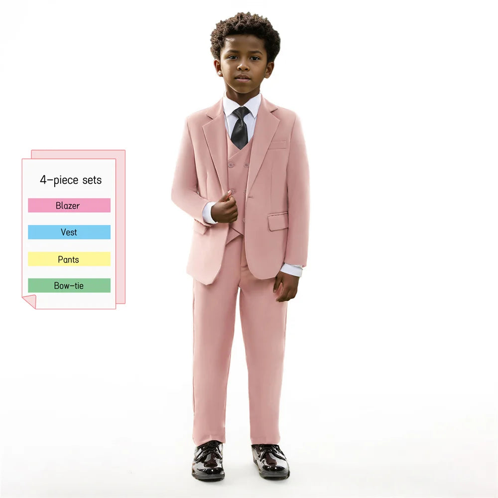 Chic Solid Notch Lapel Boy's Suit Soft Blush For Boys 4-Piece Suit Modern Formal Ring Boys Includes Blazer Vest Pants
