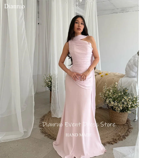 Dianruo Graceful Pink Ruched Evening Dress Chiffon Draped Ribbons Party Gown Lace Up Back A Line Robe Soirée Femme Customized