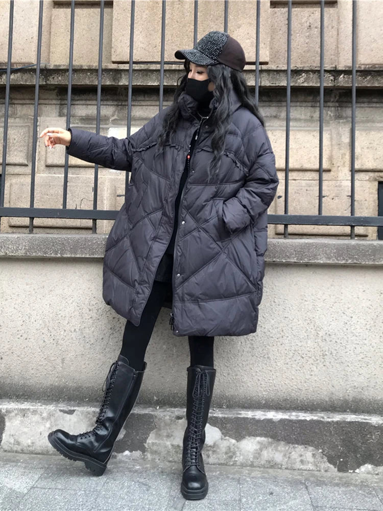 Winter Coats White Duck Down Puffer Jacket Women Medium Long Hooded Keep Warm Large Loose Thick Retro Warm Outwear Down Jackets