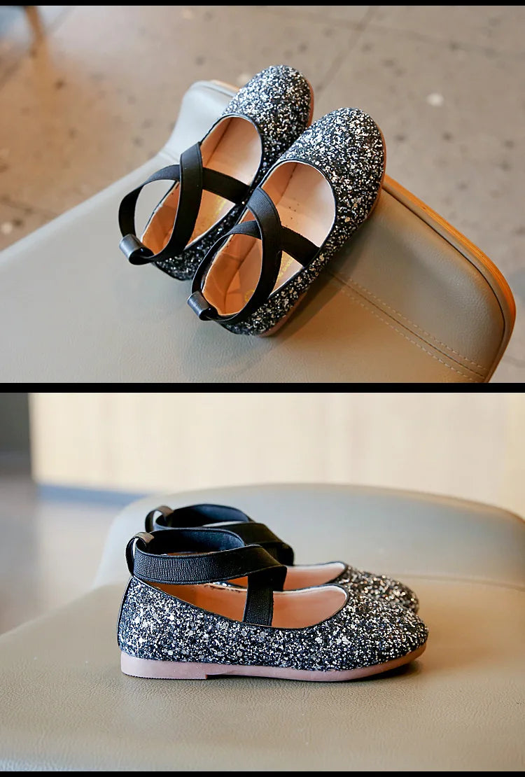 Princess Glitter Leather Girls Shoes Soft Comfortable Shiny Sequined Kids Shoes Sweet Wedding Dress Party Flats Mary Jane Shoes