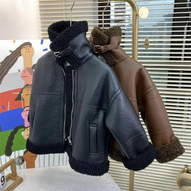 Autumn Winter Boys New Fashion PU Leather Jacket Keep Warm Thicken  Winter Coats PU Leather  Girls Warm Fleece Jacket