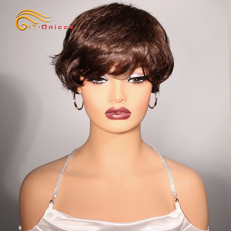 Grey Human Hair Wigs Short Pixie Cut Wig Human Hair For Black Women Machine Made Wigs With Bangs Colored Short Bob Wigs