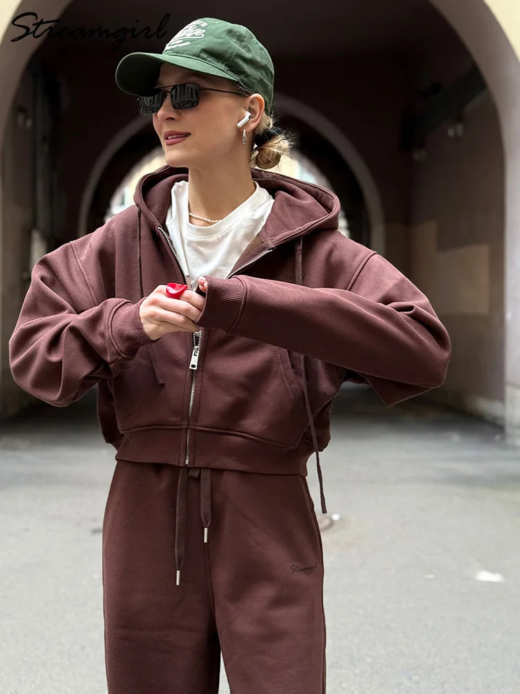 Women Tracksuits Winter Fleece Sweatsuit Brown Warm Crop Zipper Hoodies And Sweatpants Set For Women 2 Piece Velvet Pants Sets