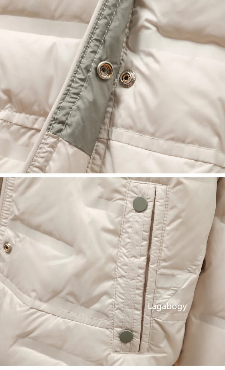 Lagabogy 2025 Autumn Winter Women White Duck Down Coat Casual Single Breasted Hooded Jacket Female Light Puffer Parka Outwear