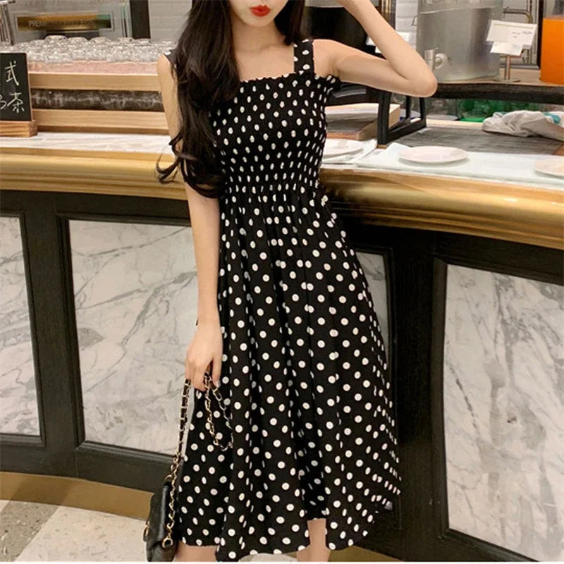 robe femme Summer Polka Dot Womens Dresses Elegant Square Neck Sleeveless Chiffon Long Dress Super Discount vestidos para mujer