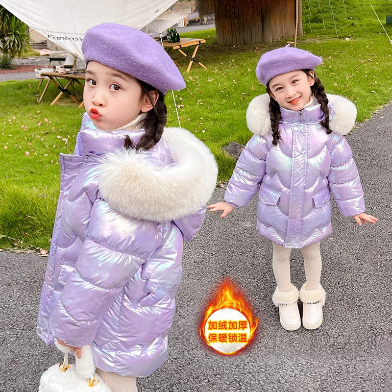 New Winter Coats Girls Warm Long Down Jackets Kids Fashion Unicorn Shiny Waterproof Parka Children Fur Collar Hooded Outerwear