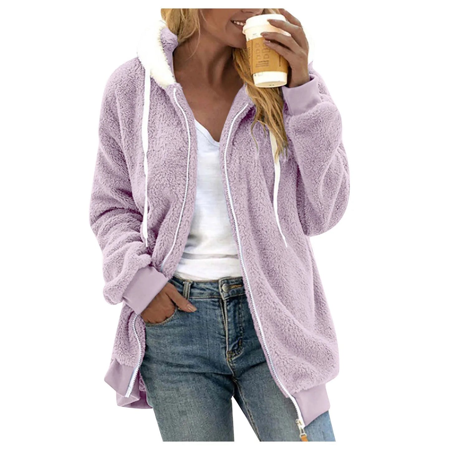 Winter Fashion Women's Coat New Casual Hooded Zipper Ladies Clothes Cashmere Women Fleece Jacket Solid Color Ladies Coats