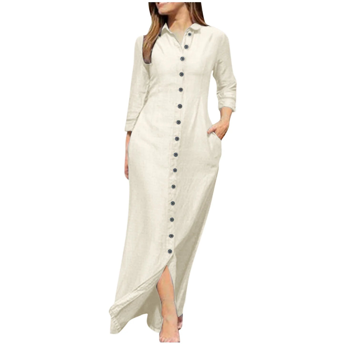Autumn Women's Clothing Style Elegant Fashionable Neutral Style Long Sleeved Lapel Cardigan Solid Color Long Cotton Linen Dress