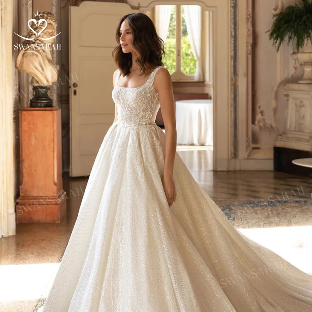 Shiny Sleeveless Wedding Dress 2025 Appliques Backless A-Line Princess Bride Gown SwanSarah P272 customized Vestido De Novia