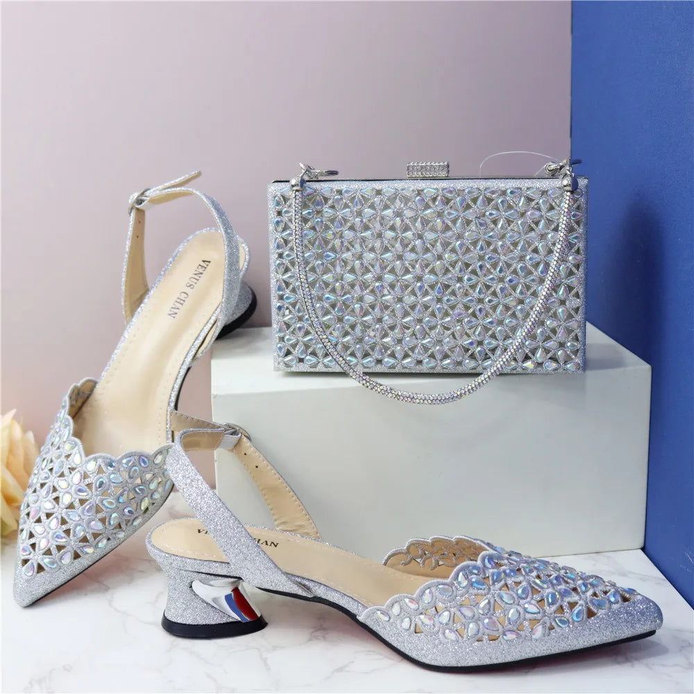 Ladies Italian High Heel and Bag Set Golden Color Italian Shoe with Matching Bag Set 2024 Nigerian Shoes and Bag Set for Party