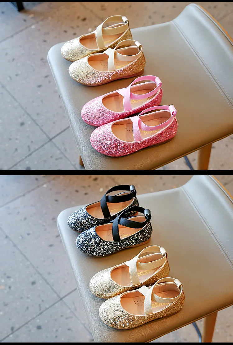 Princess Glitter Leather Girls Shoes Soft Comfortable Shiny Sequined Kids Shoes Sweet Wedding Dress Party Flats Mary Jane Shoes