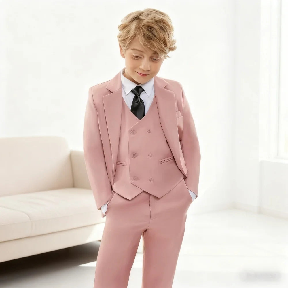 Chic Solid Notch Lapel Boy's Suit Soft Blush For Boys 4-Piece Suit Modern Formal Ring Boys Includes Blazer Vest Pants
