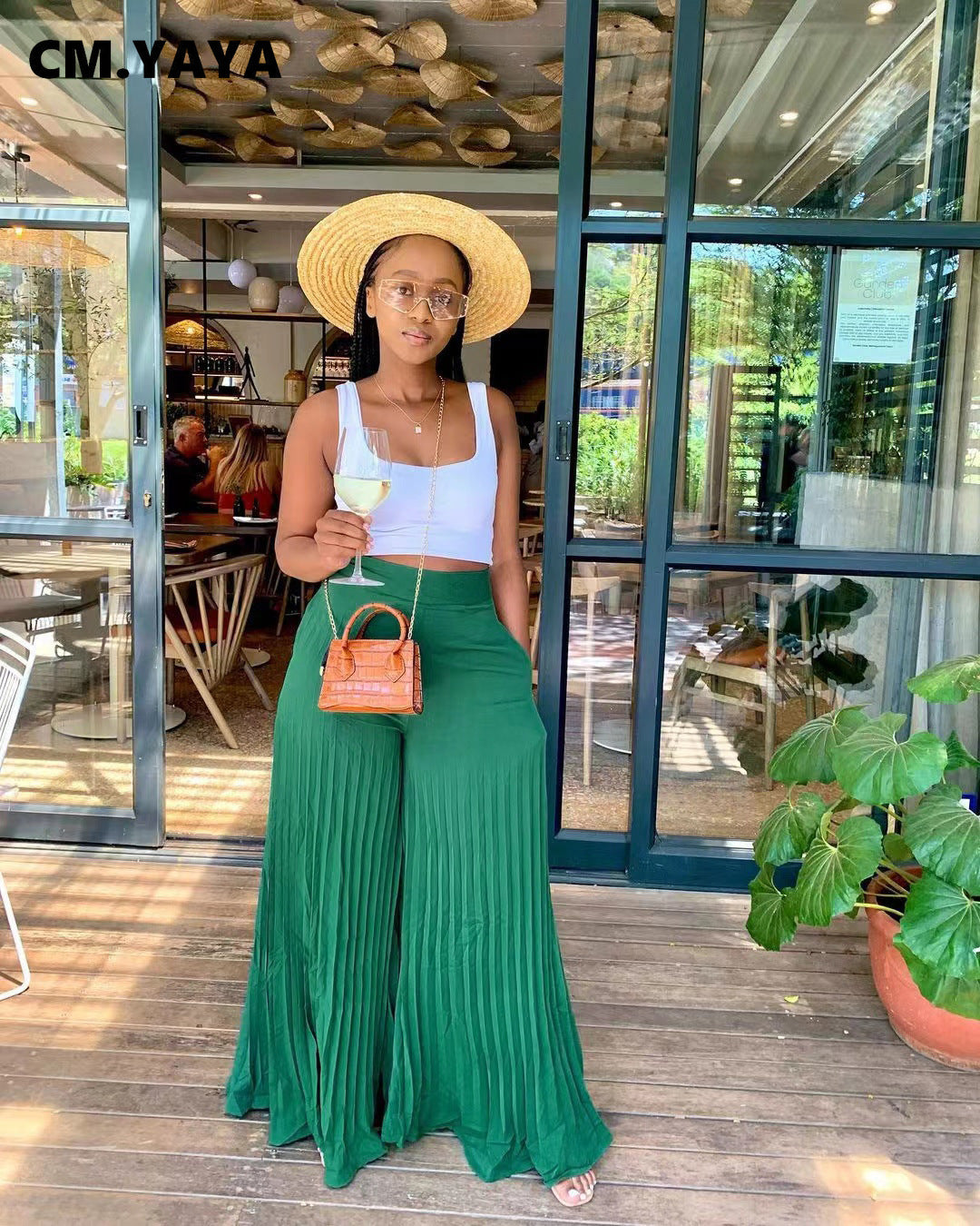 CM.YAYA Elegant Wide Leg Straight High Waist Pleated Pants  Women 2022 Summer New Beach Holiday Boho Trousers