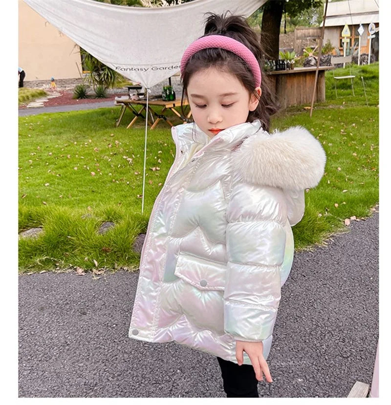 New Winter Coats Girls Warm Long Down Jackets Kids Fashion Unicorn Shiny Waterproof Parka Children Fur Collar Hooded Outerwear