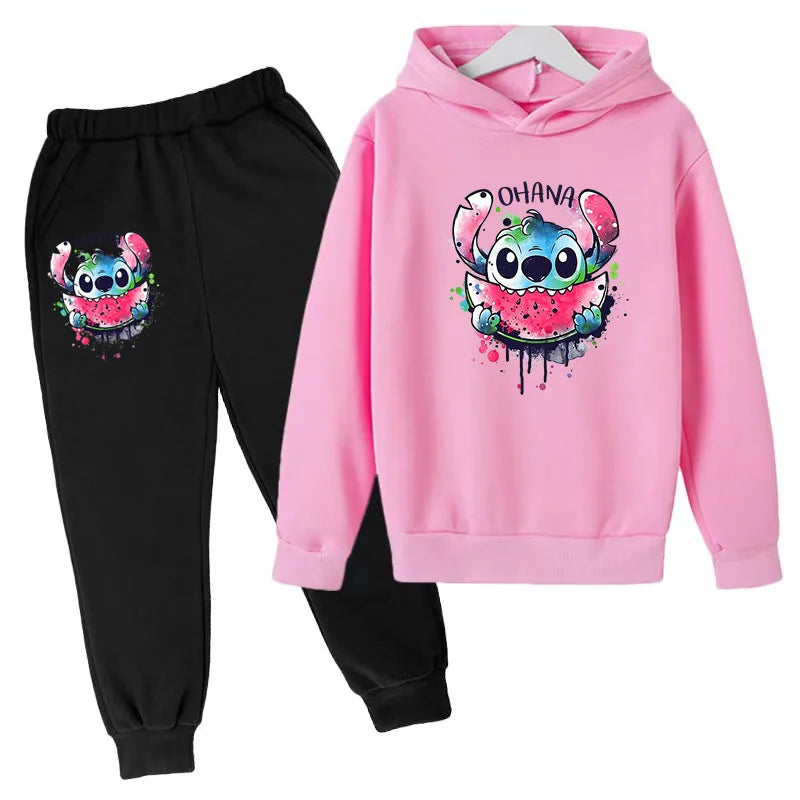 New Cute Stitch Hoodies Sweatshirts Girls Clothes Children's Clothing Sets Child Girl Tops+Pants 2 Pcs Suits Boys Tracksuits Set