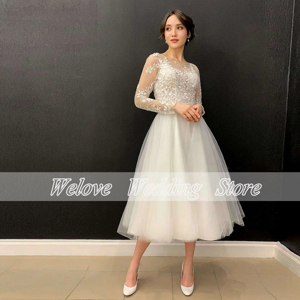 Tea Length Wedding Dress For Bride Elegant Formal Bridal Gown Woman Long Sleeve Button Back Custom Made A Line Vestido De Novia