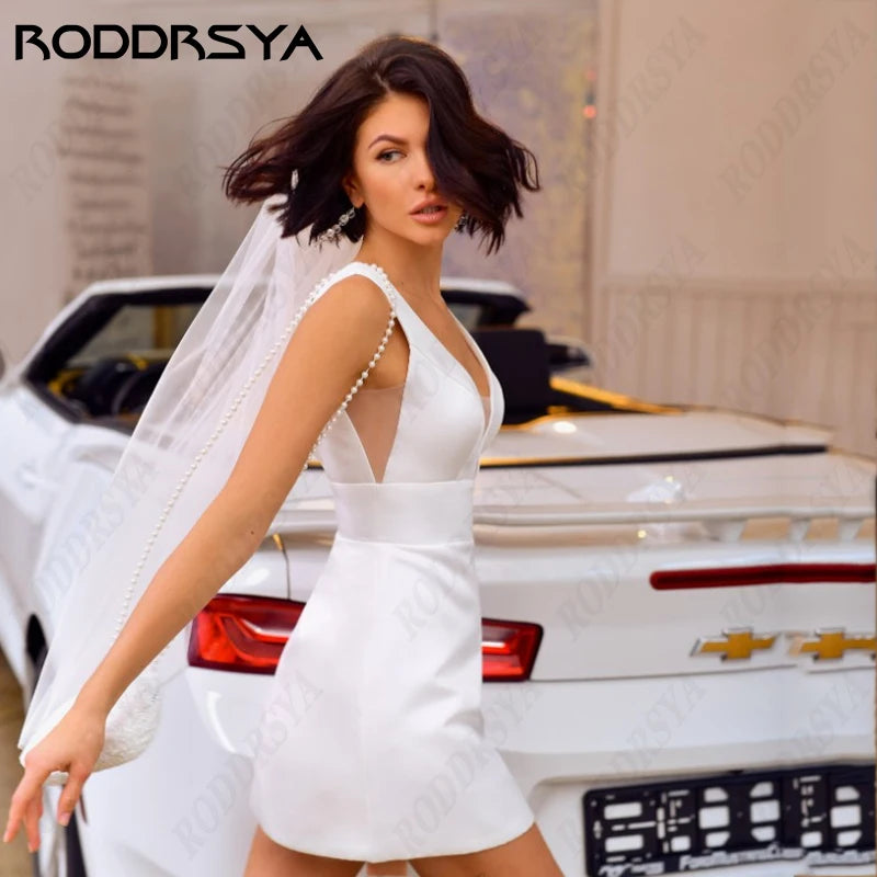 RODDRSYA Short Mini Satin Wedding Dress Sexy V-Neck Backless Vestido De Noiva Casamento Romantic Spaghetti Straps Bridal Gowns