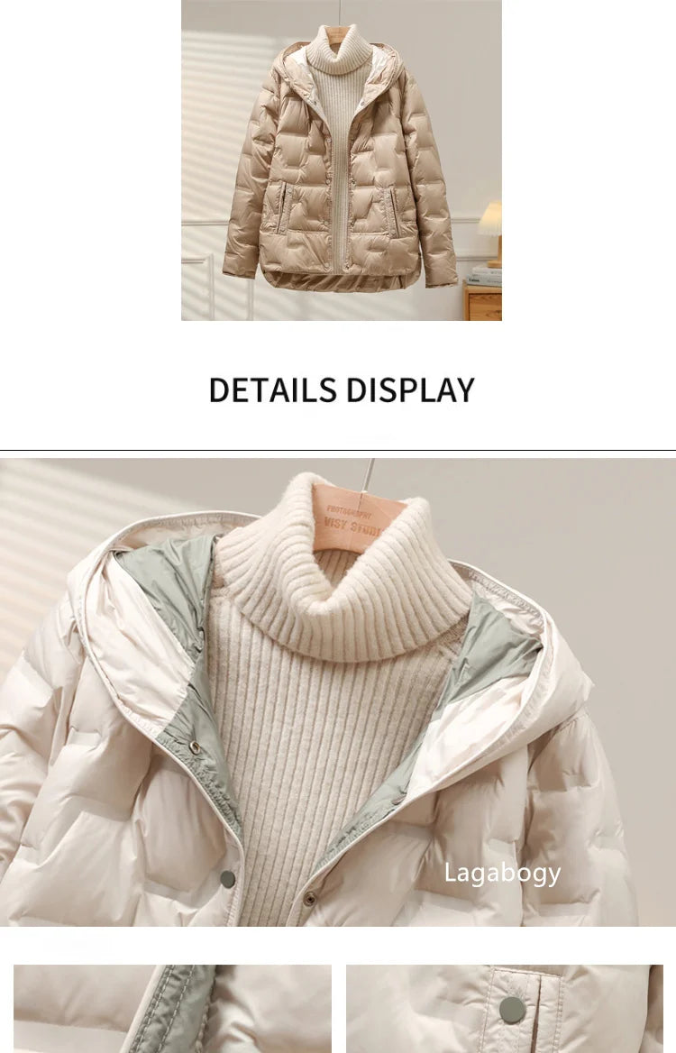 Lagabogy 2025 Autumn Winter Women White Duck Down Coat Casual Single Breasted Hooded Jacket Female Light Puffer Parka Outwear