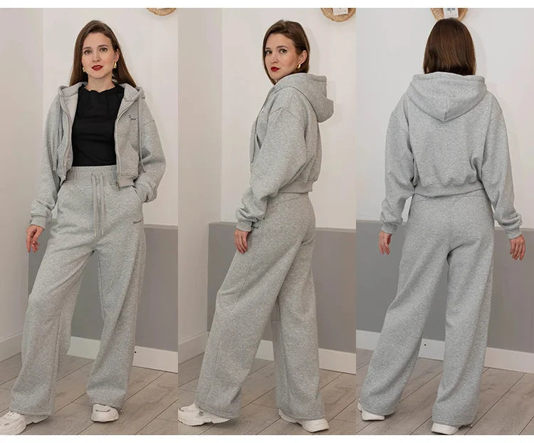 Women Tracksuits Winter Fleece Sweatsuit Brown Warm Crop Zipper Hoodies And Sweatpants Set For Women 2 Piece Velvet Pants Sets