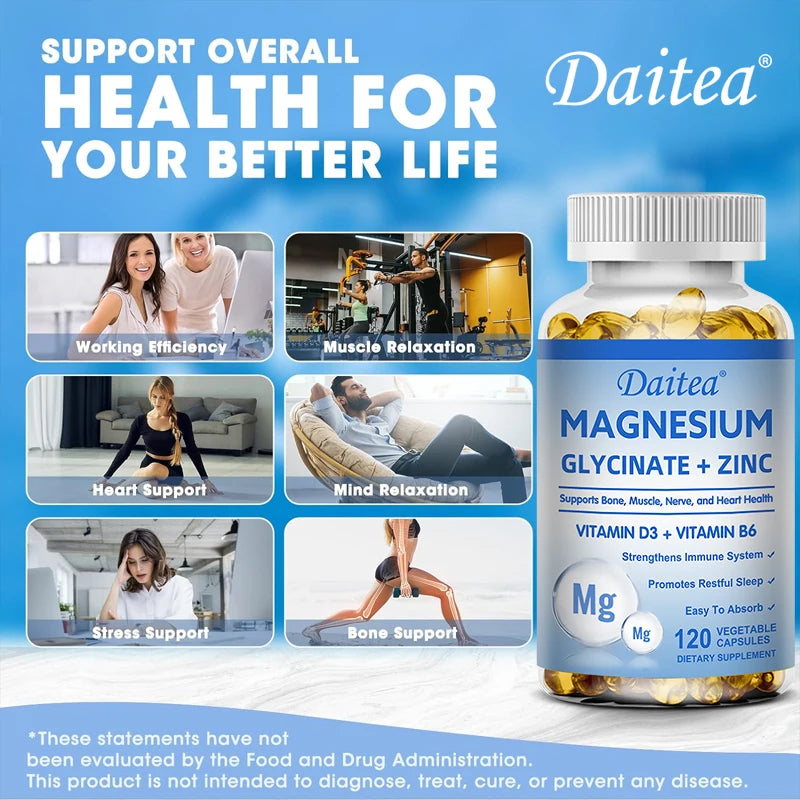 Daitea Magnesium and Zinc Capsules - Magnesium Glycinate Supplement to Support Muscle, Nerve, Joint and Heart Health