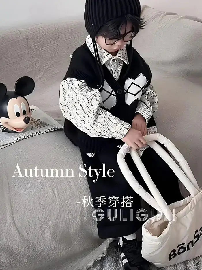 Kids Sets Vests Shirts Sweaters Long Pants New 2024 Autumn Fashion Korean Casual Simple Style Baggy Warm