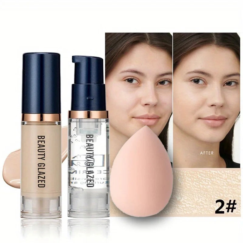 BEAUTY GLAZED 3Pcs Face Makeup Set,Matte Long lasting Waterproof Liquid Foundation+Primer+Puff