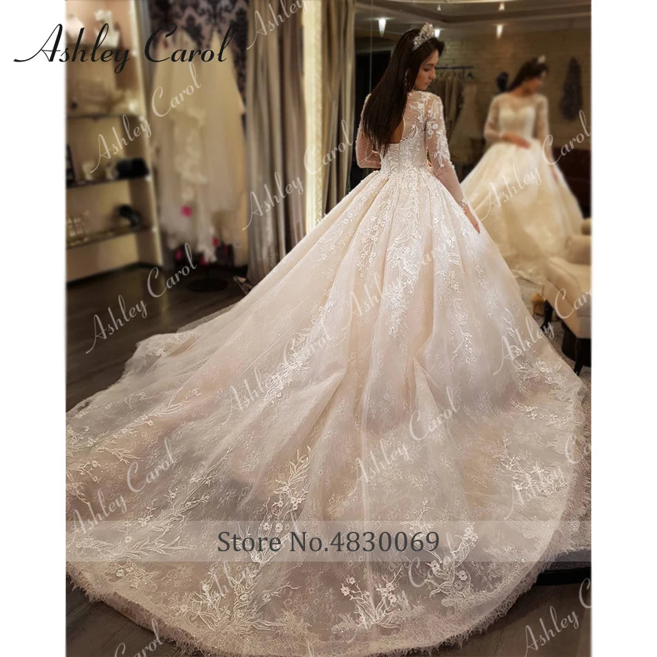 Ashley Carol Lace Ball Gown Wedding Dresses Sexy Vestido De Noiva Long Sleeve Appliques Lace Up Luxury Cathedral Wedding Gowns