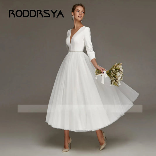RODDRSYA Elegant Wedding Dresses For Bride Simple Ankle Length Bridal Gowns A-Line V-Neck 3/4 Sleeves Simple Short Robes Mariee