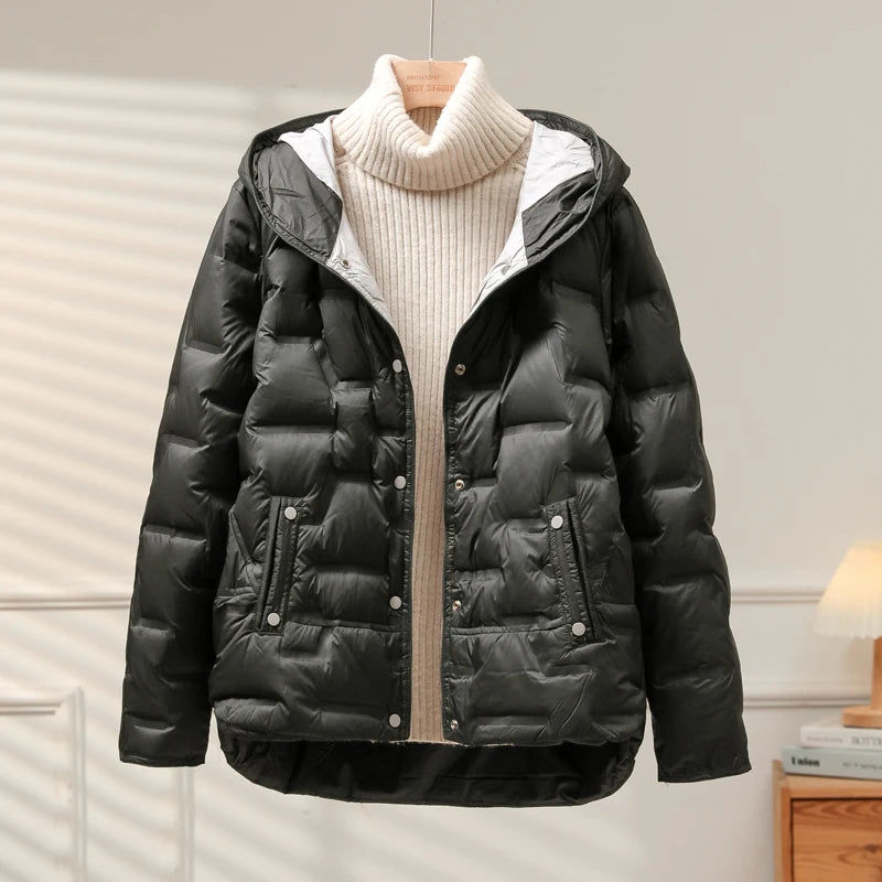 Lagabogy 2025 Autumn Winter Women White Duck Down Coat Casual Single Breasted Hooded Jacket Female Light Puffer Parka Outwear