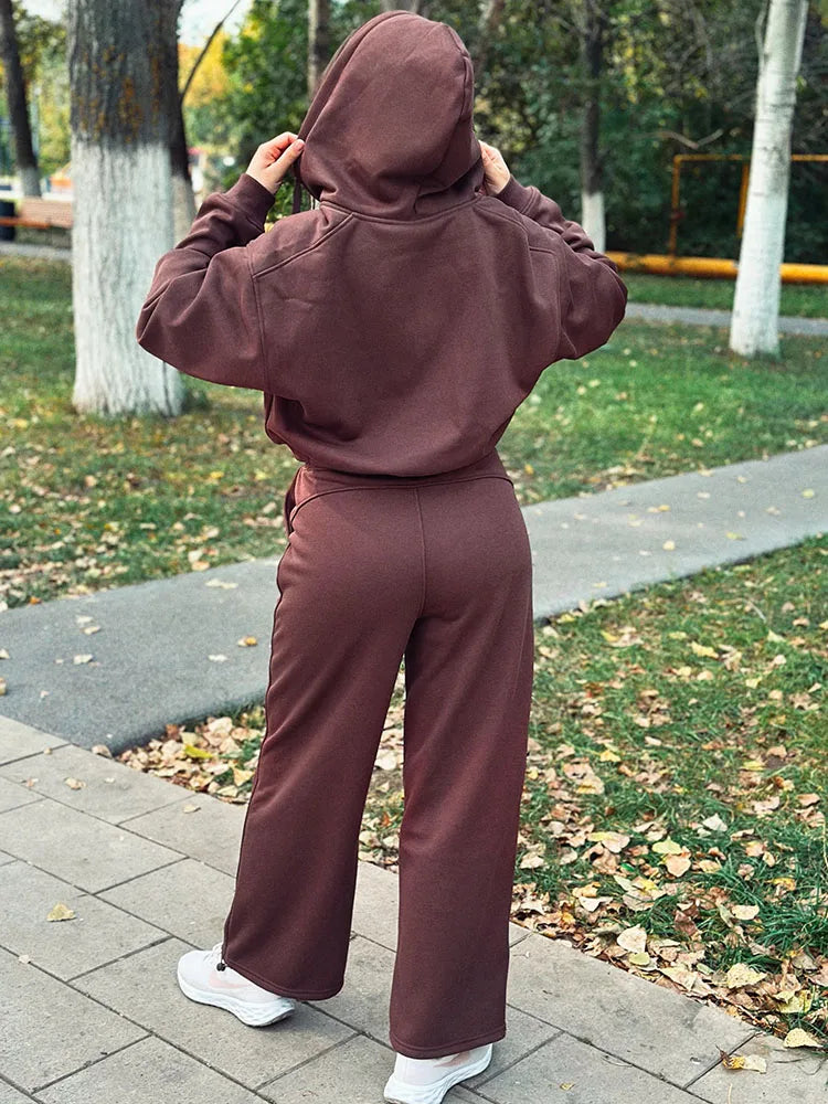 Women Tracksuits Winter Fleece Sweatsuit Brown Warm Crop Zipper Hoodies And Sweatpants Set For Women 2 Piece Velvet Pants Sets