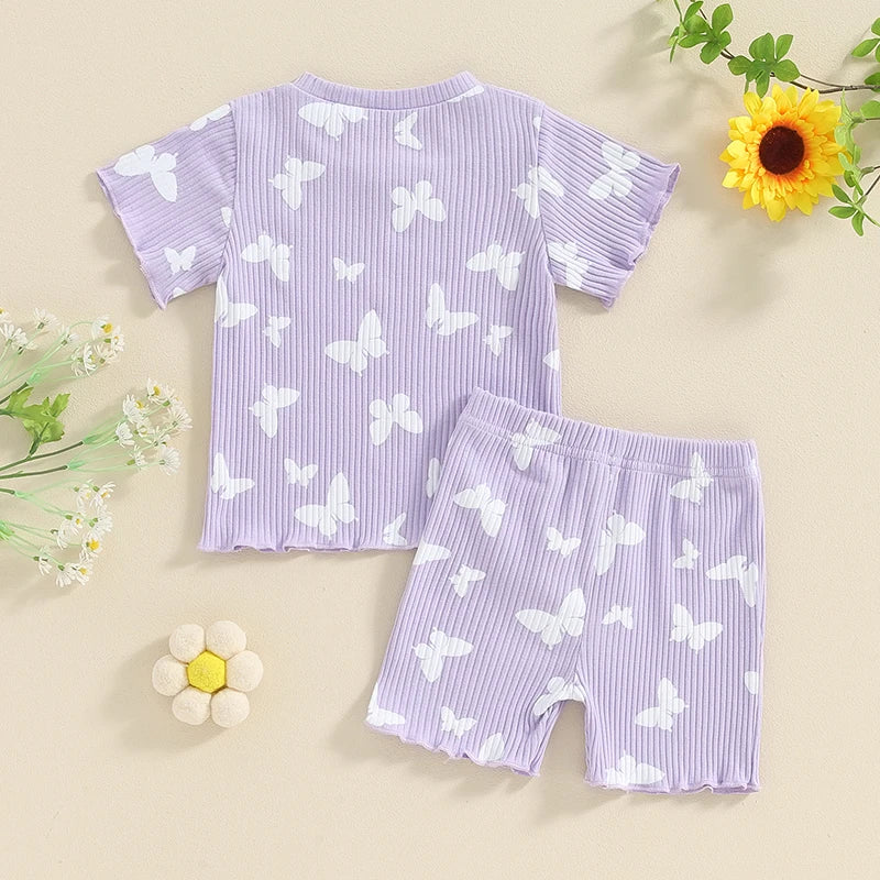 Toddler Baby Girl Summer Clothes Ruffle Ribbed Knit Short Sleeves T-Shirt Tops Shorts Cute Outfits Set