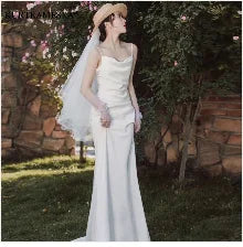 Luxury French White Satin Trailing Bride Wedding Dress Sexy Halter Backless Ball Gown Wedding Evening Prom Dresses for Women