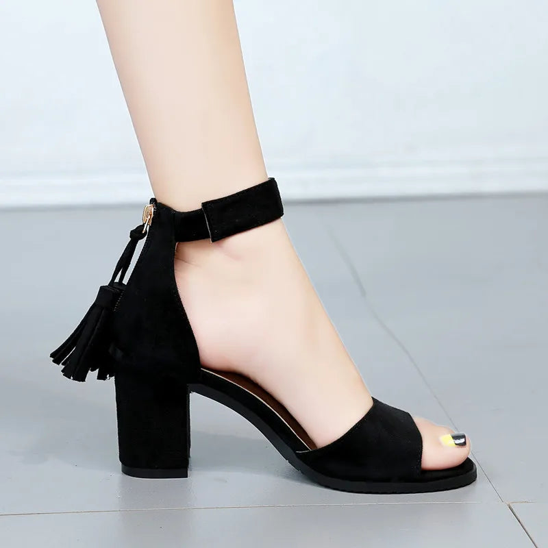 Heeled Pumps Square Heels Summer 2025 Leather Sandals for Women Footwear Office Work High Ladies Shoes Blue Sandal Designer H F