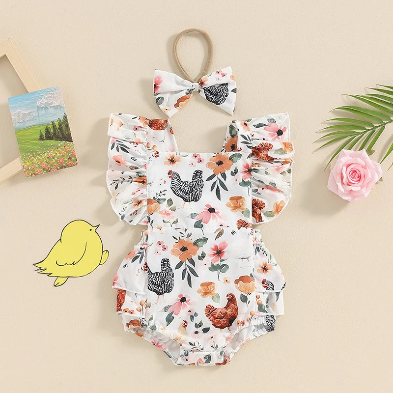 Baby Girl Summer Western Clothes Cow Print Ruffled Fly Sleeve Square Neck Romper with Bow Headband 2PCS Outfit for Infants