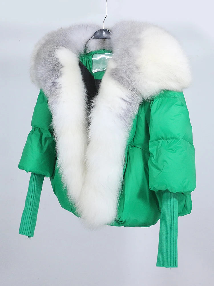 OFTUBY 2023 White Duck Down Jacket Winter Women Warm Loose Coat Natural Real Fox Fur Collar Thick Luxury Outerwear New Fashion