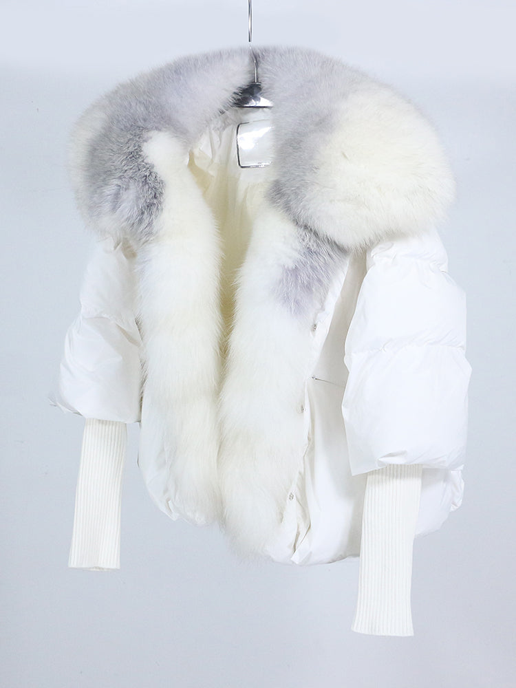 OFTUBY 2023 White Duck Down Jacket Winter Women Warm Loose Coat Natural Real Fox Fur Collar Thick Luxury Outerwear New Fashion