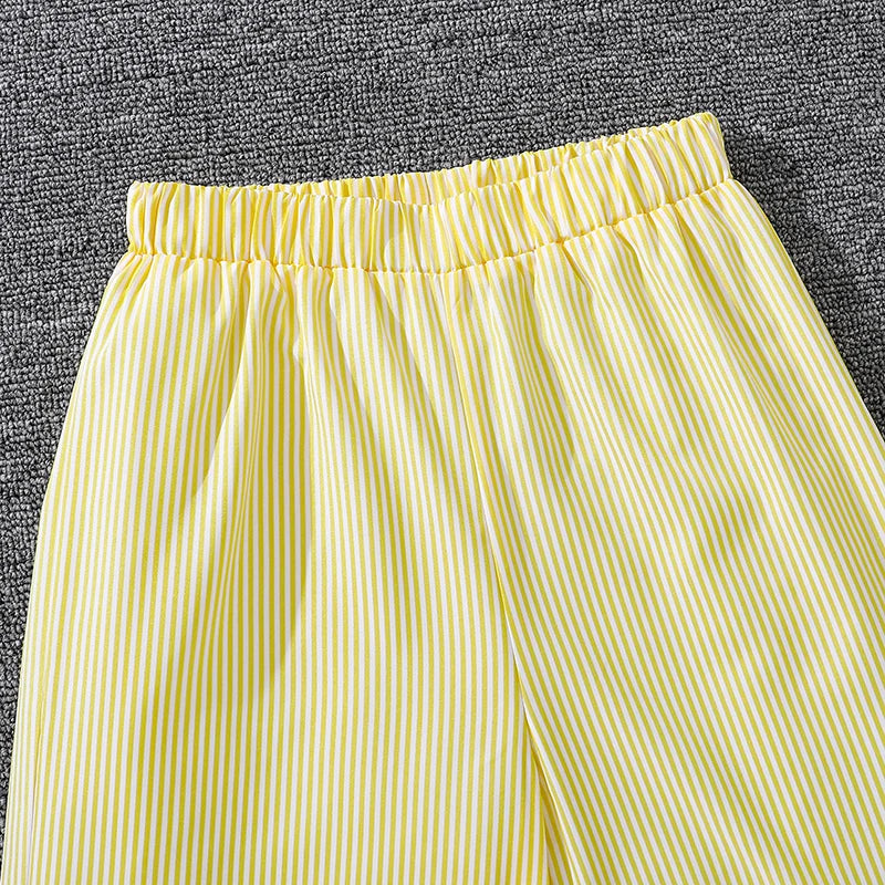 Spring Hot Sale Kids Outfit 4-12 Years Girls Striped Long Sleeve Chemise + Casual Loose Straight Leg Pants Shirt Suit 2Pcs Set