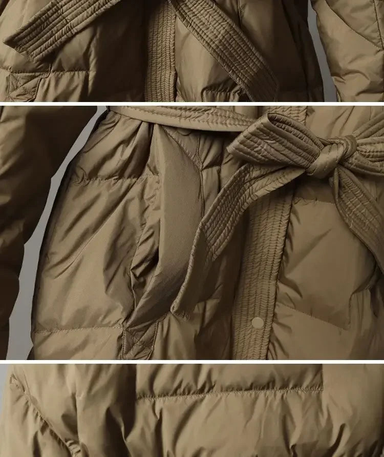 2024 New Winter Women White Duck Down Long Jacket With Belt Female Thick Warm Coat Luxury Slim Parka Hooded Outerwear