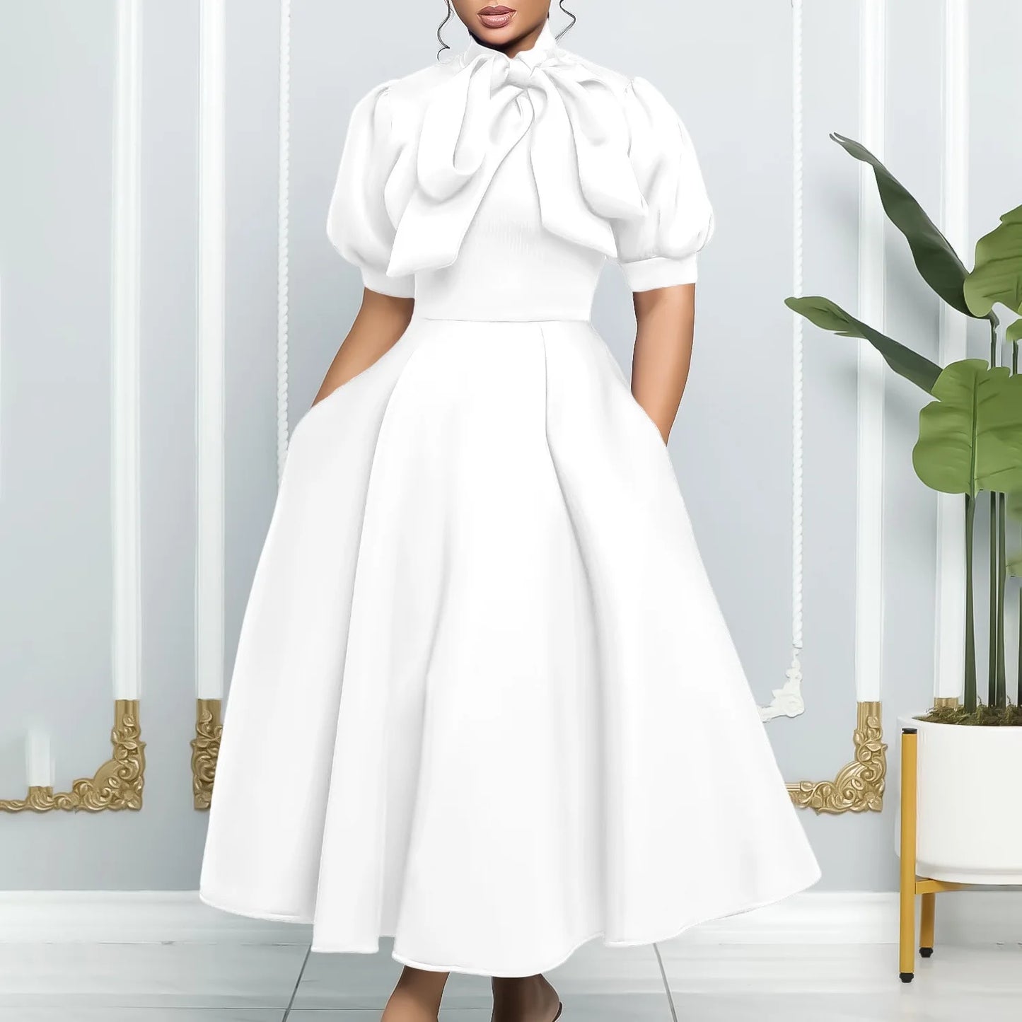 Elegant Party Dresses for Woman 2024 Luxury Bow Collar Short Sleeve High Waisted A Line Pleated Ankle Length Birthday Party Robe