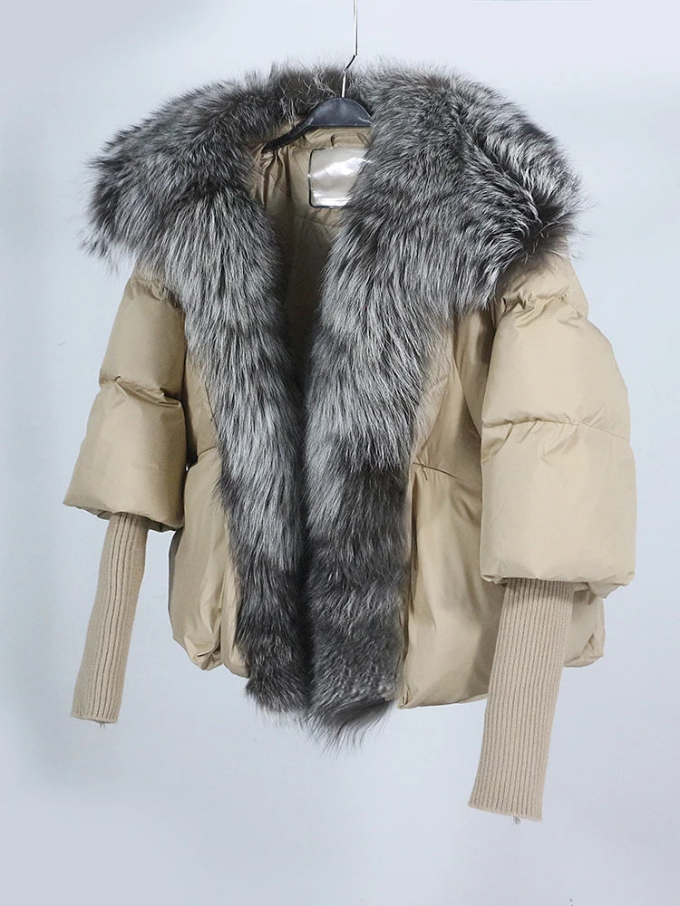 OFTUBY 2023 White Duck Down Jacket Winter Women Warm Loose Coat Natural Real Fox Fur Collar Thick Luxury Outerwear New Fashion
